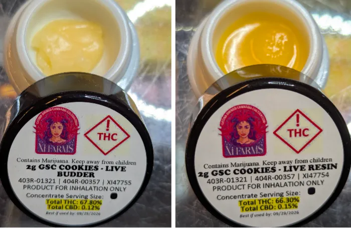Two 2g GSC Cookies concentrate buckets from Xi Farms — live budder at 67.8% THC and live resin at 66.3% THC.