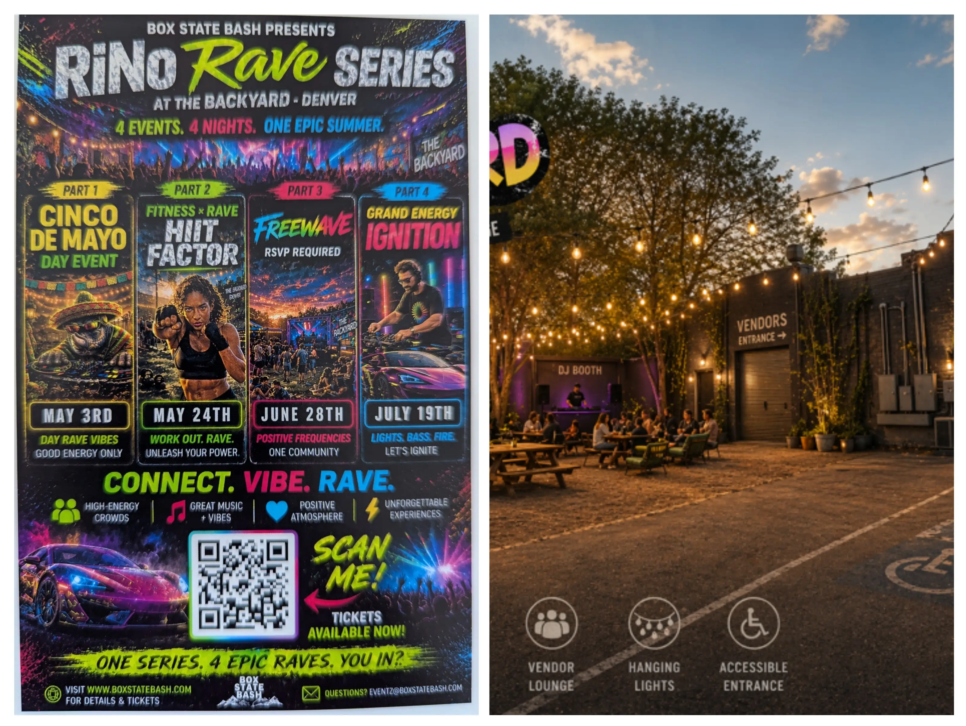 RiNo Rave Series flyer at The Backyard, Denver — four events across the summer: Cinco de Mayo day event on May 3rd, HIIT Factor fitness rave on May 24th, Freewave on June 28th (RSVP required), and Grand Energy Ignition on July 19th — beside a photo of the venue’s string-lit courtyard.