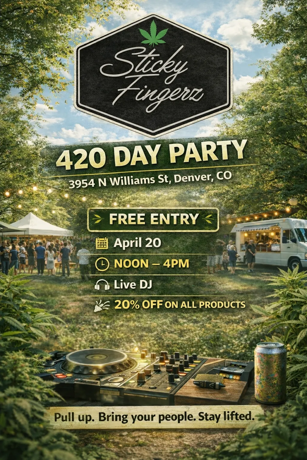 420 Day Party flyer: April 20, noon to 4pm at 3954 N Williams St, Denver. Free entry, live DJ, and 20% off all products.