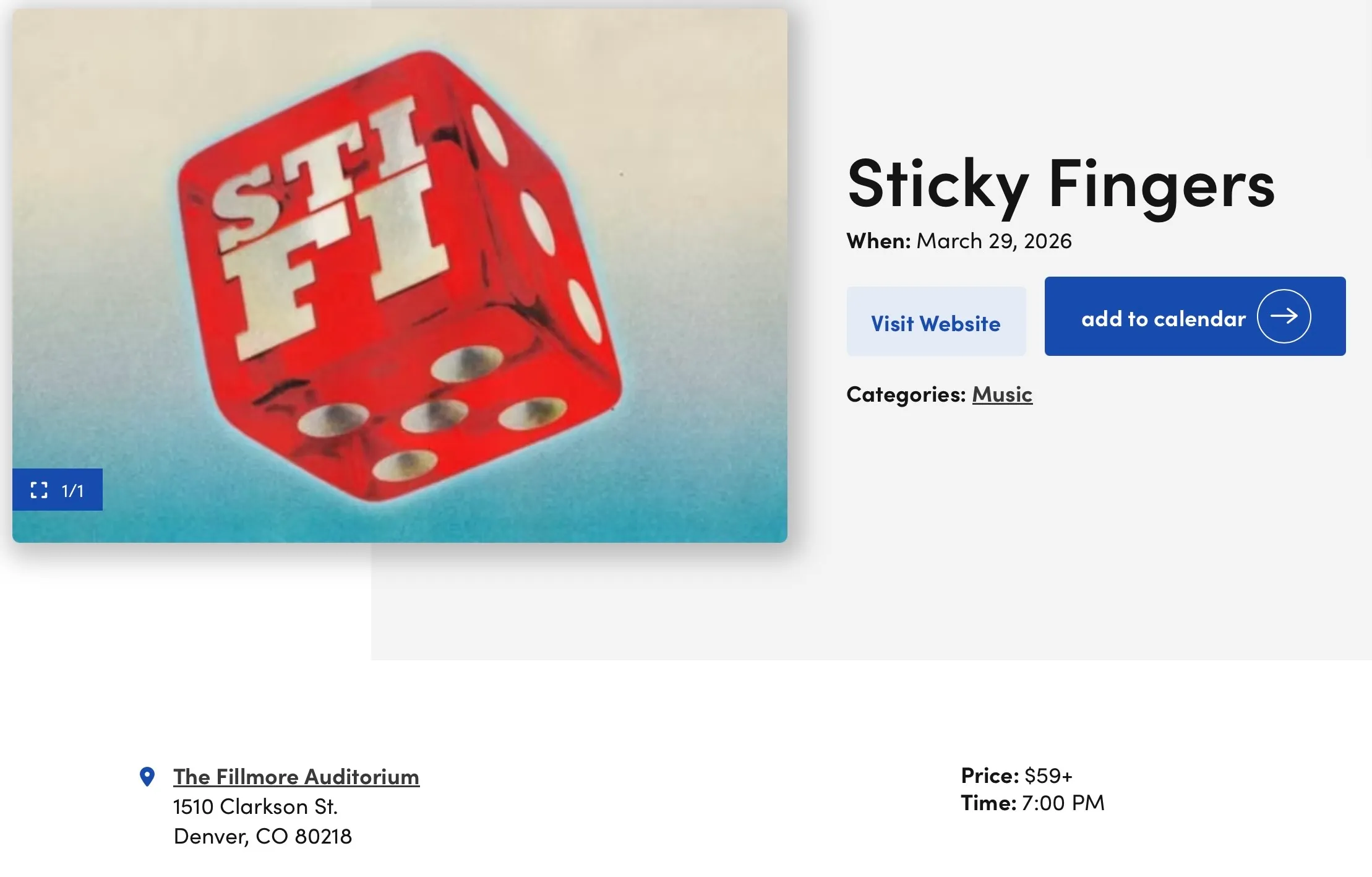 Event listing for the band Sticky Fingers at The Fillmore Auditorium, 1510 Clarkson St, Denver — March 29, 2026 at 7:00 PM, $59 and up. The cover art is a red die printed with STI FI.
