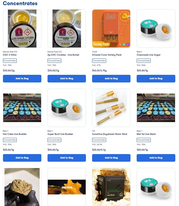 Menu screenshot of the concentrate shelf: GSC x Shire and GSC Cookies live butter from Denver Dab Co, a Sesh infused cone variety pack from Craft, and Gasonade, Hot Cake, Super Boof and Mai Tai live badder and live resin from Next 1.