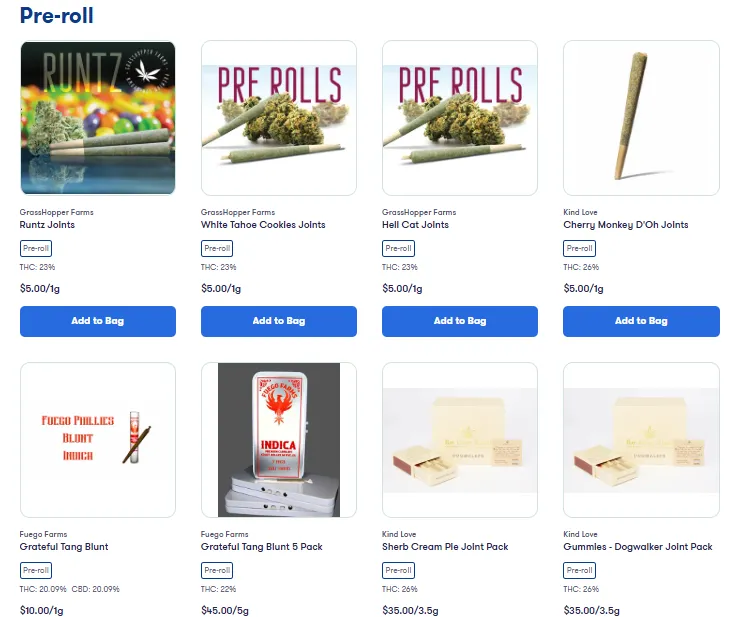 Menu screenshot of the pre-roll shelf: Runtz, White Tahoe Cookies and Hell Cat joints from GrassHopper Farms, Cherry Monkey D’Oh joints from Kind Love, Grateful Tang blunts from Fuego Farms, and Sherb Cream Pie and Dogwalker joint packs.